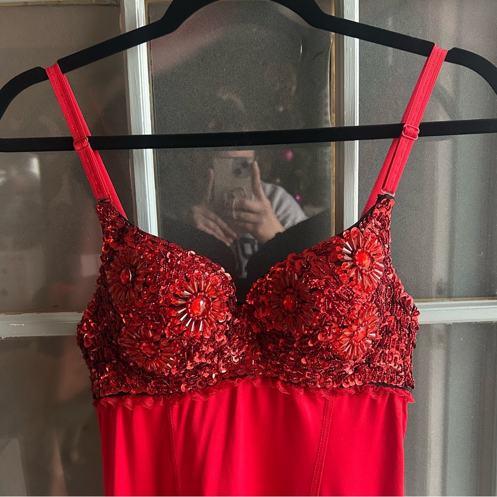 Vintage Beaded Bust Sequin Silky Satin Red Showgirl Lingerie Night Gown Shelly S - Picture 3 of 13